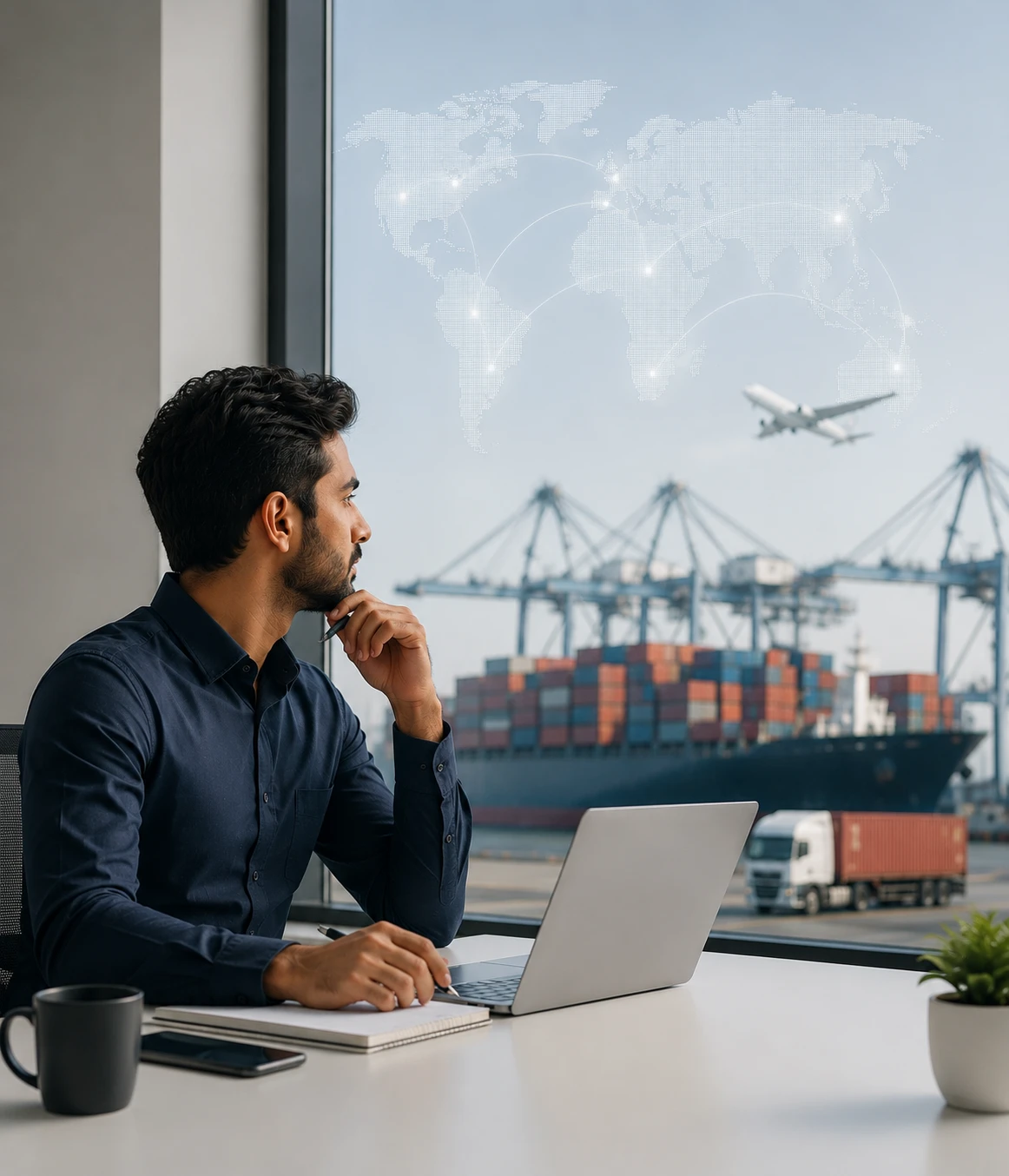 Logistics professional at a port-side office desk, container ship and freight truck beyond the window