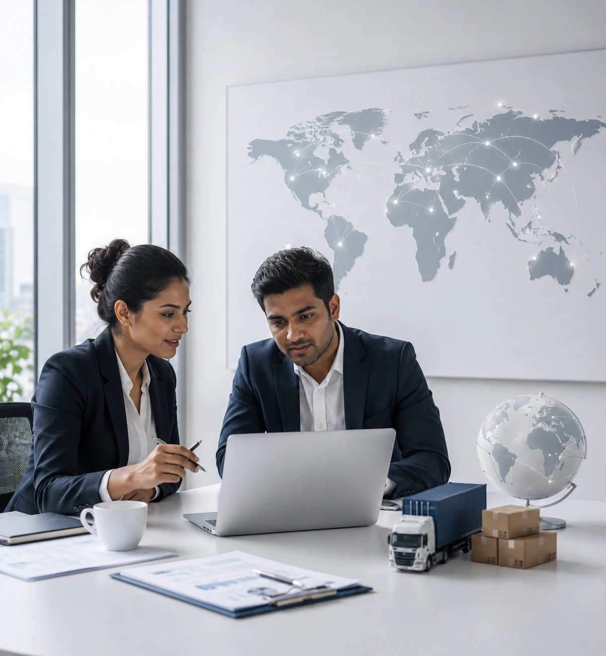 Two logistics professionals reviewing supply chain data on a laptop
